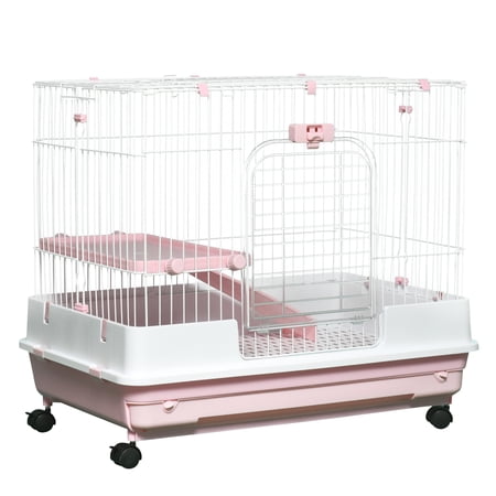Rabbit Cage with Wheels, 2-Level Small Animal Hutch for Bunny, Chinchilla, Ferret - Pink