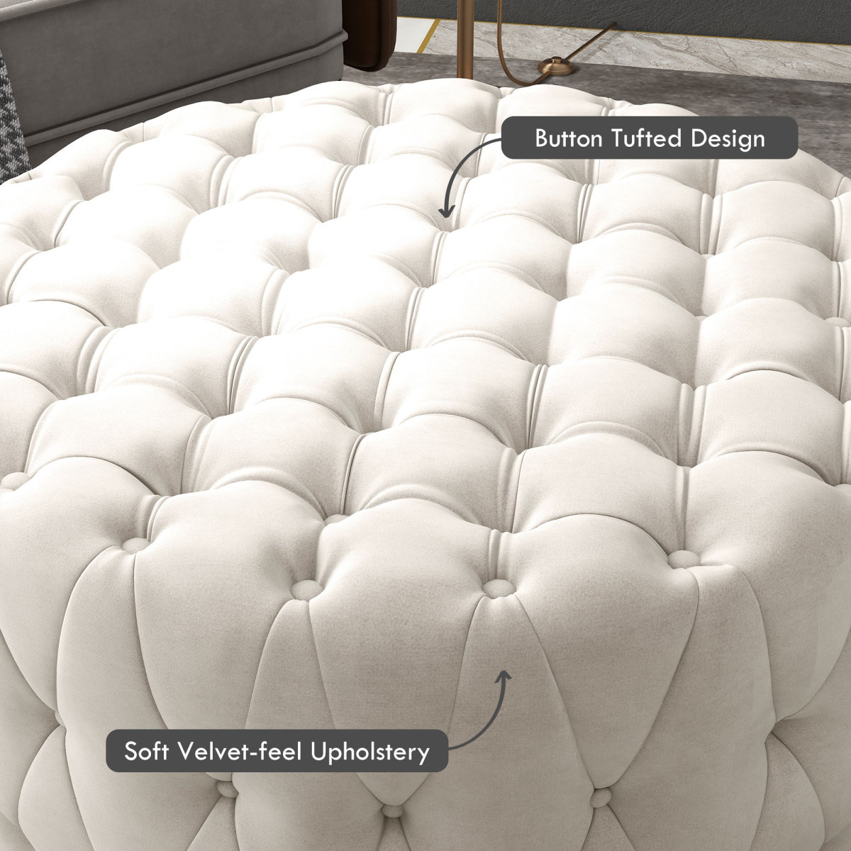 Miekor Furniture 31.5" Round Ottoman, Large Velvet-Feel Upholstered Foot Stool with Button Tufted Design and Padded Seat for Living Room, Entryway, Beige 9103