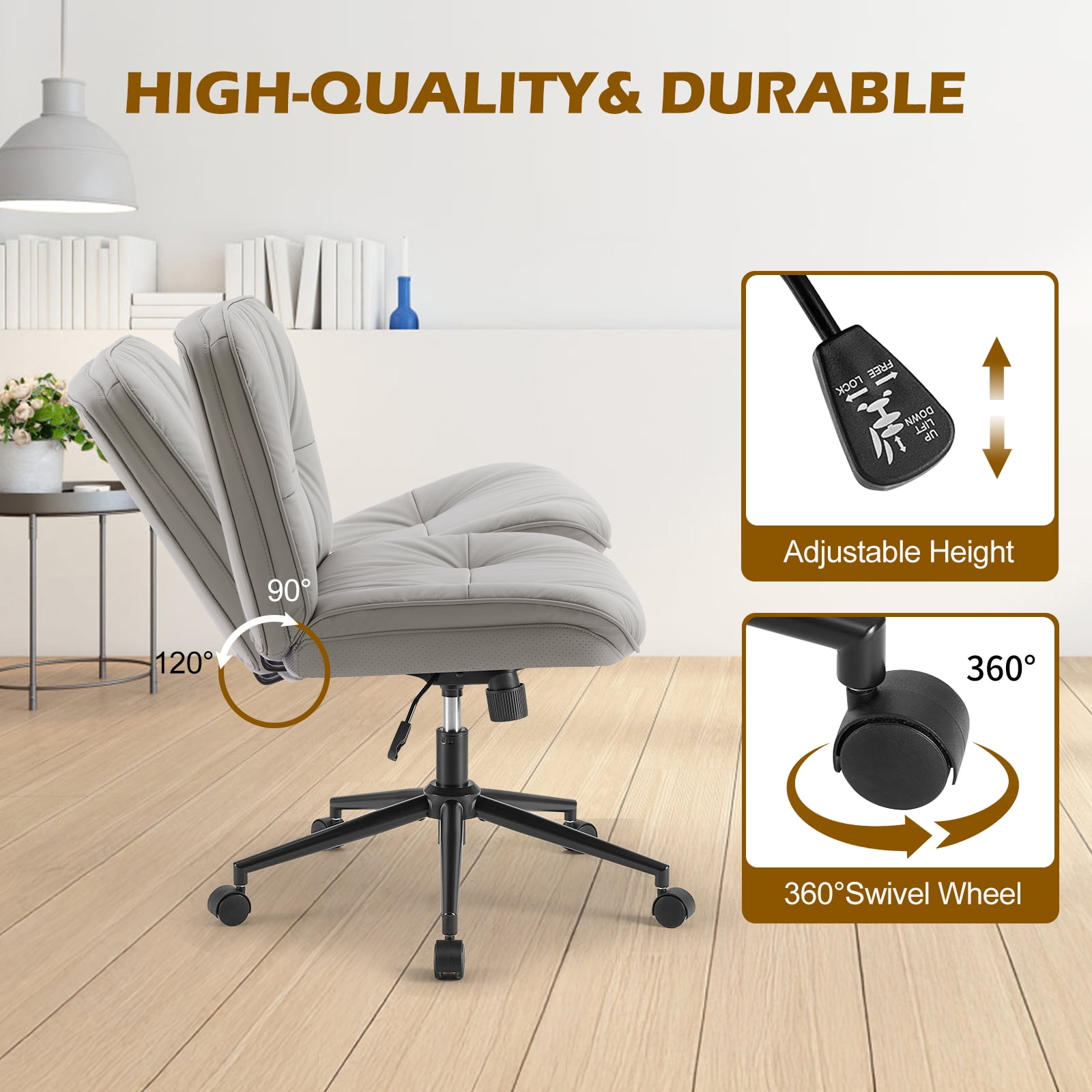GIANNA Armless Office Desk PU Leather Wide Seat with Wheels, Criss Cross Legged Chair, Height Adjustable, Swivel, For Home Bedroom Office - Khaki