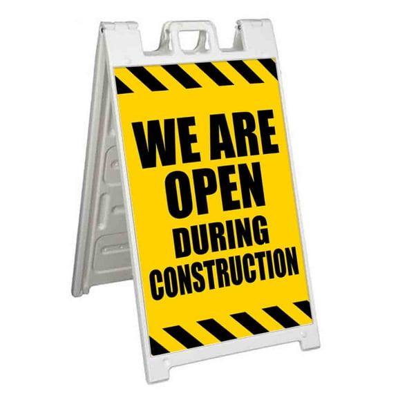 We Are Open During Construction (24" X 36") Standard A-Frame Signicade, Includes Decal Applied To Stand