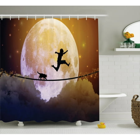 Adventure Shower Curtain, Boy and a Cat Walking on a Rope in Front of the Full Moon Fantastic Imagery Print, Fabric Bathroom Set with Hooks, 69W X 75L Inches Long, Multicolor, by