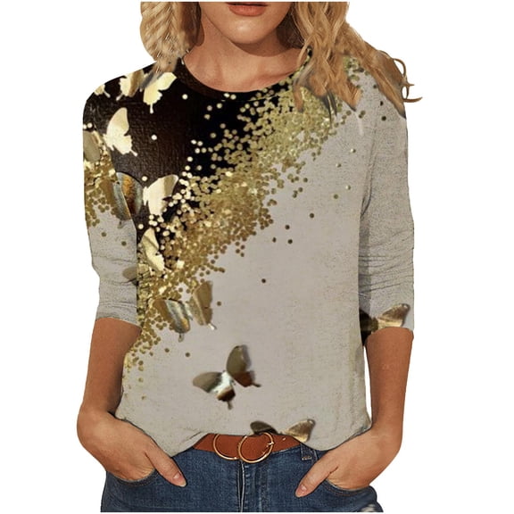 WREESH Womens Trendy Printed T-shirts Sequin Graphic Tees Three Quarters Sleeve Crew Neck Blouses Loose Lightweight Tunic Tops Khaki