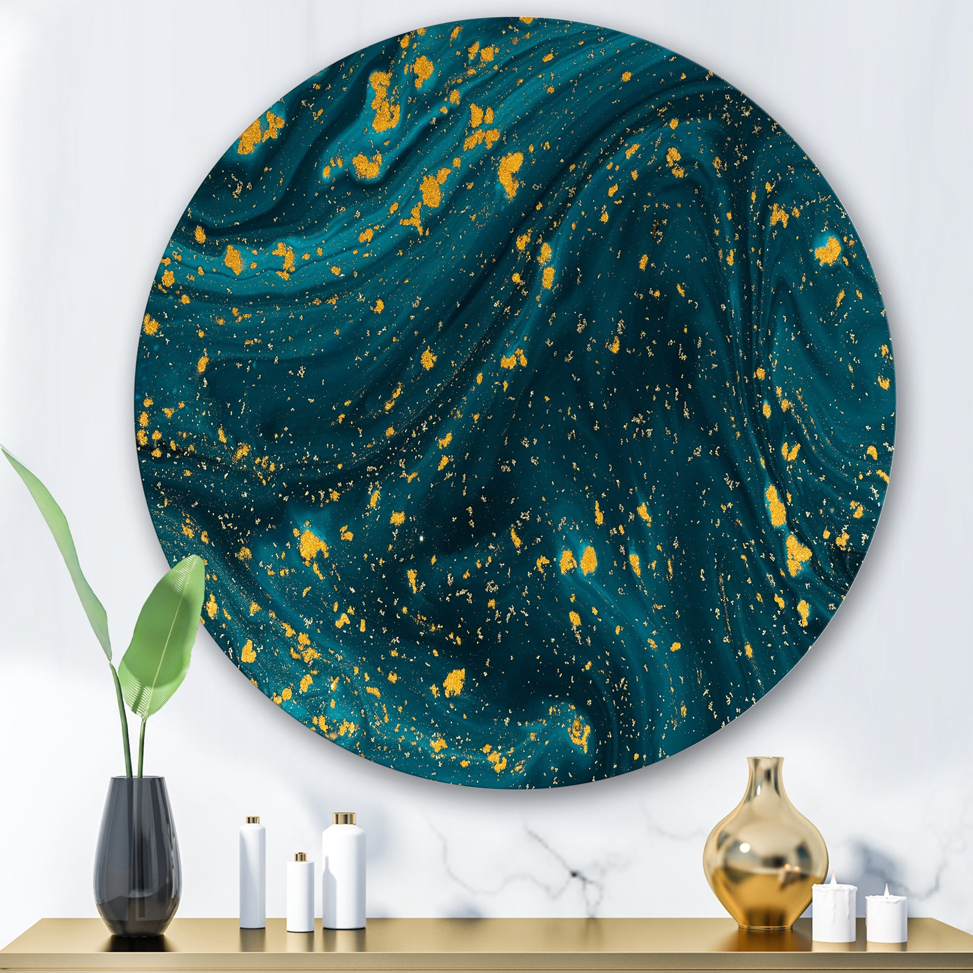 Designart 'Golden Glitter With Dark Blue Marble' Modern Circle Metal Wall Art 36x36 - Disc of 36