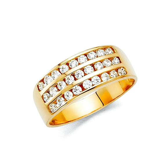 14k Yellow Gold Cubic Zirconia 3 Row Band Ring Size 7 Ring for Women and Men - 4.1 Grams