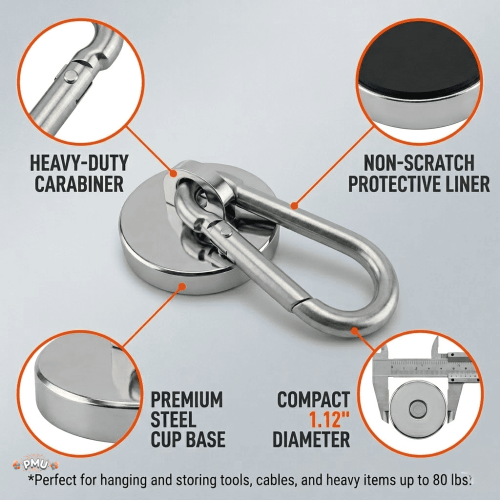 PMU 24 Pcs Strong Magnetic Hook with Swivel Carabiner Clip – Heavy Duty Magnet Hook Holds Up to 80 Lbs for Locker, Cruise Cabin, Home, Office, Refrigerator & Garage Use