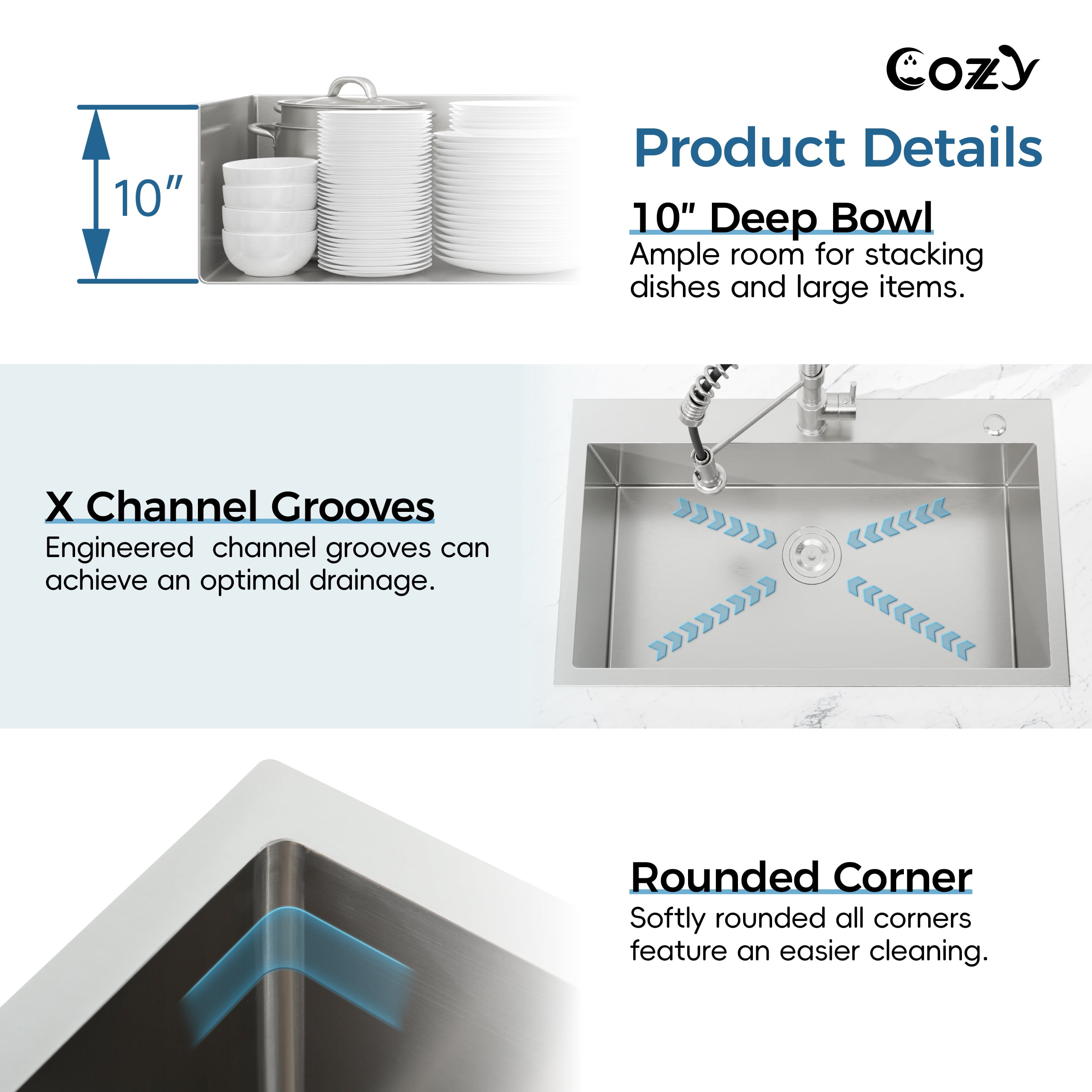 Stainless Steel Single Bowl Kitchen Sink 27x19 inch, 1-Piece Overmount Brushed with US Drain & Hook, SS-BR02D-271908