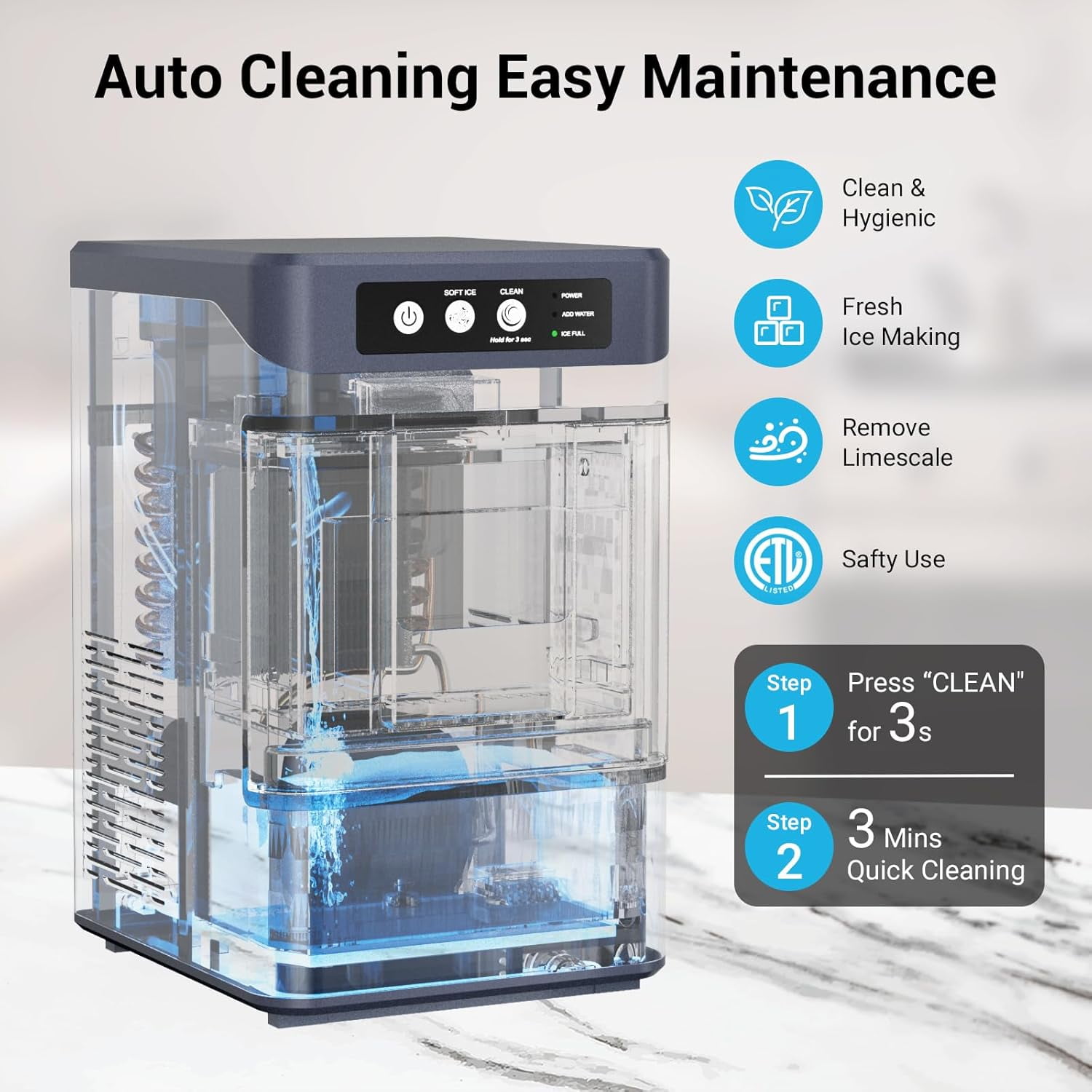 XUTUMM Nugget Ice Maker Countertop, 40lbs/Day Soft Chewable Pellet Ice Ready in 5-8 Mins, Self-Cleaning for Home, Party, RV