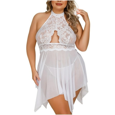 Odeerbi Women s Plus Size Lingerie Dress Set Babydoll 2025 Valentine s Day Large Lace Backless Neck Hanging Hollow Out Pjama Set White