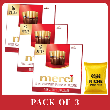 Merci Finest Assortment of European Chocolates, Candy Gift Box - 16ct/7oz-3 pack-with candy pack