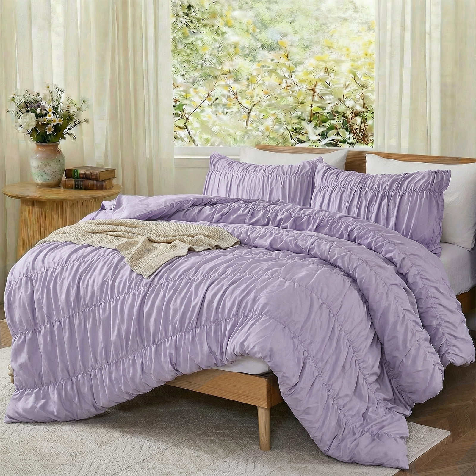 100% Cotton Purple Wrinkle Duvet Cover Set Queen Size,Ruched Bedding Comforter Cover,Shabby Chic Ruffled 3 Pcs Queen Duvet Cover Set,Bohemian Boho Bedding Set with 1 Duvet  Cover 2 Pillowcases