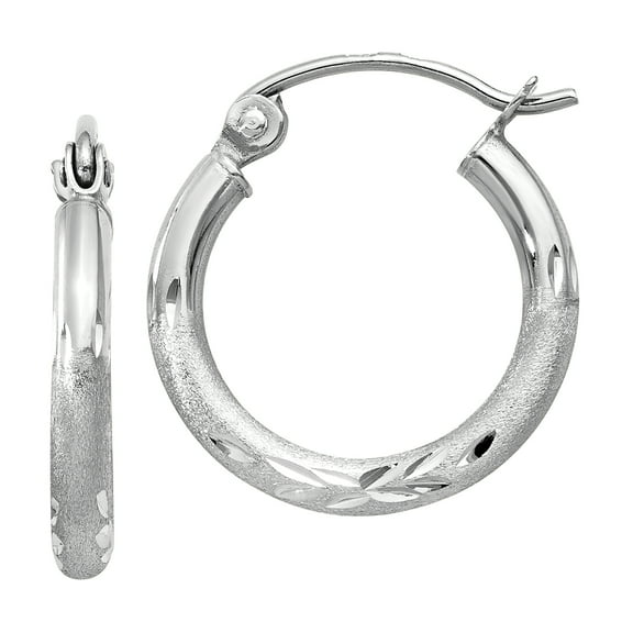 Primal Gold 14 Karat White Gold Satin and Diamond-cut 2mm Round Hoop Earrings