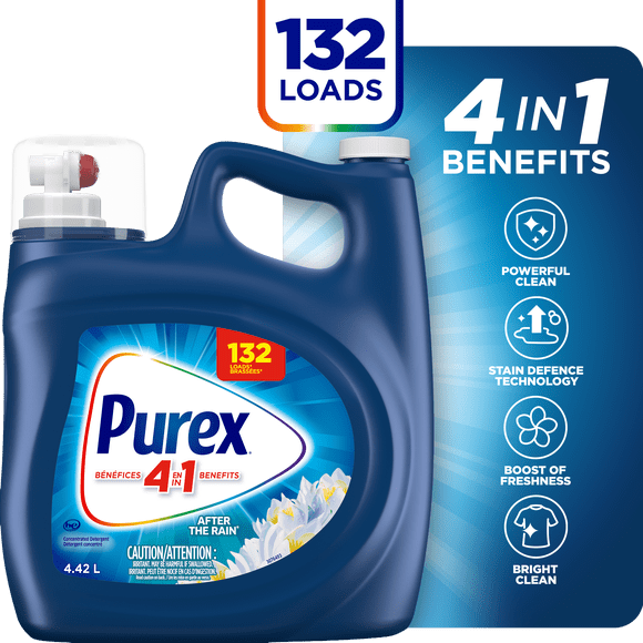 Détergent à lessive liquide concentré avec bénéfices 4-en-1, Purex After the RainMD, puissant contre les taches, ravive et blanchit les vêtements, 4,42 L, 132 brassées, compatible avec les laveuses HE