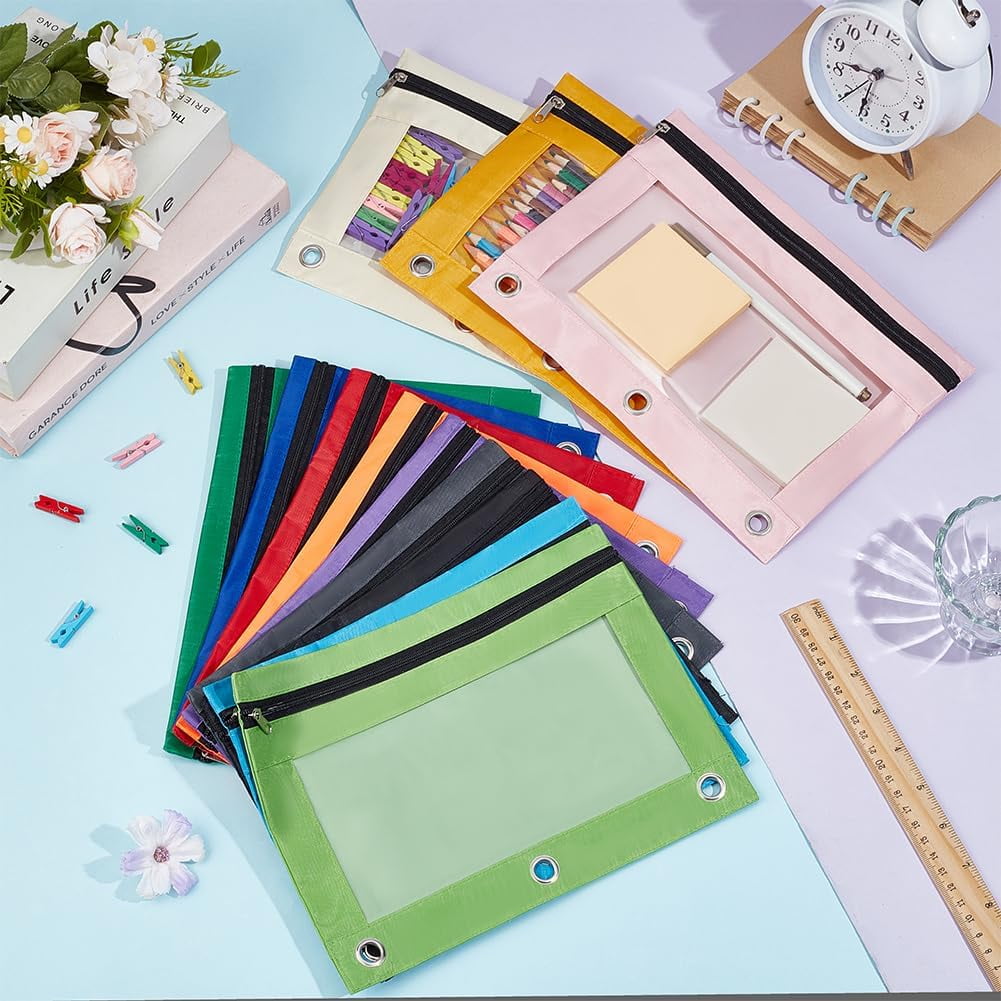 36 Pack Clear Window Pencil Case for Binder Smooth Zipper 3 Ring Binder Pencil Pouch Bulk Zipper Pen Pouch Oxford Fabric Pen Bag Multi-color