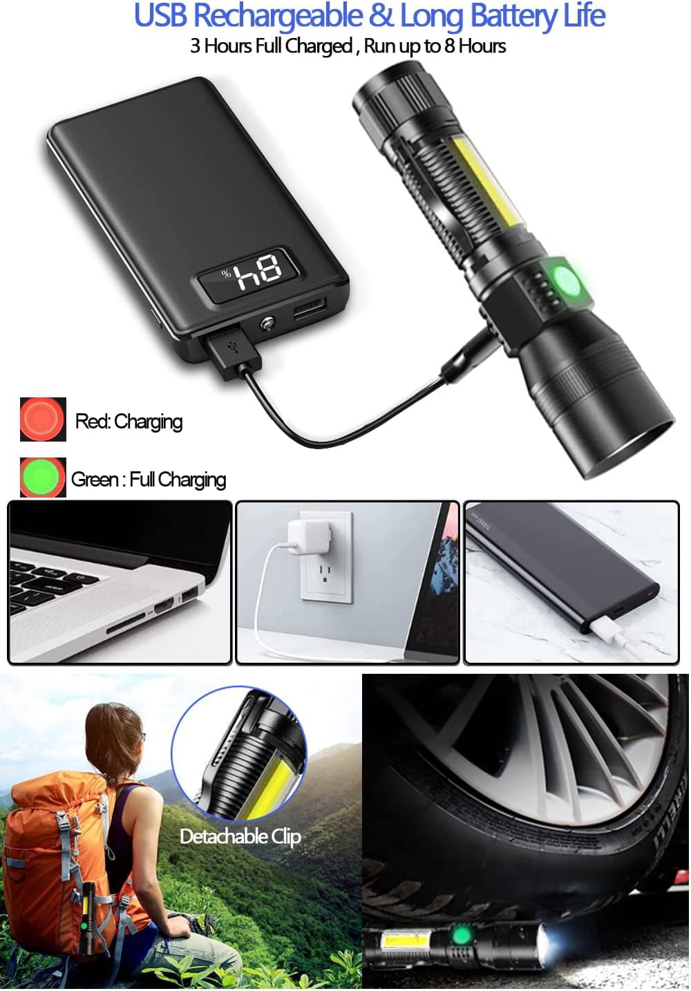 2000Lumen LED Light UV Flashlight, 3 in1 Super Bright Pocket with COB Flashlight for Pet Stains Detection,7Modes, IPX6 Waterproof,Zoomable for Camping,Hiking,Outdoor
