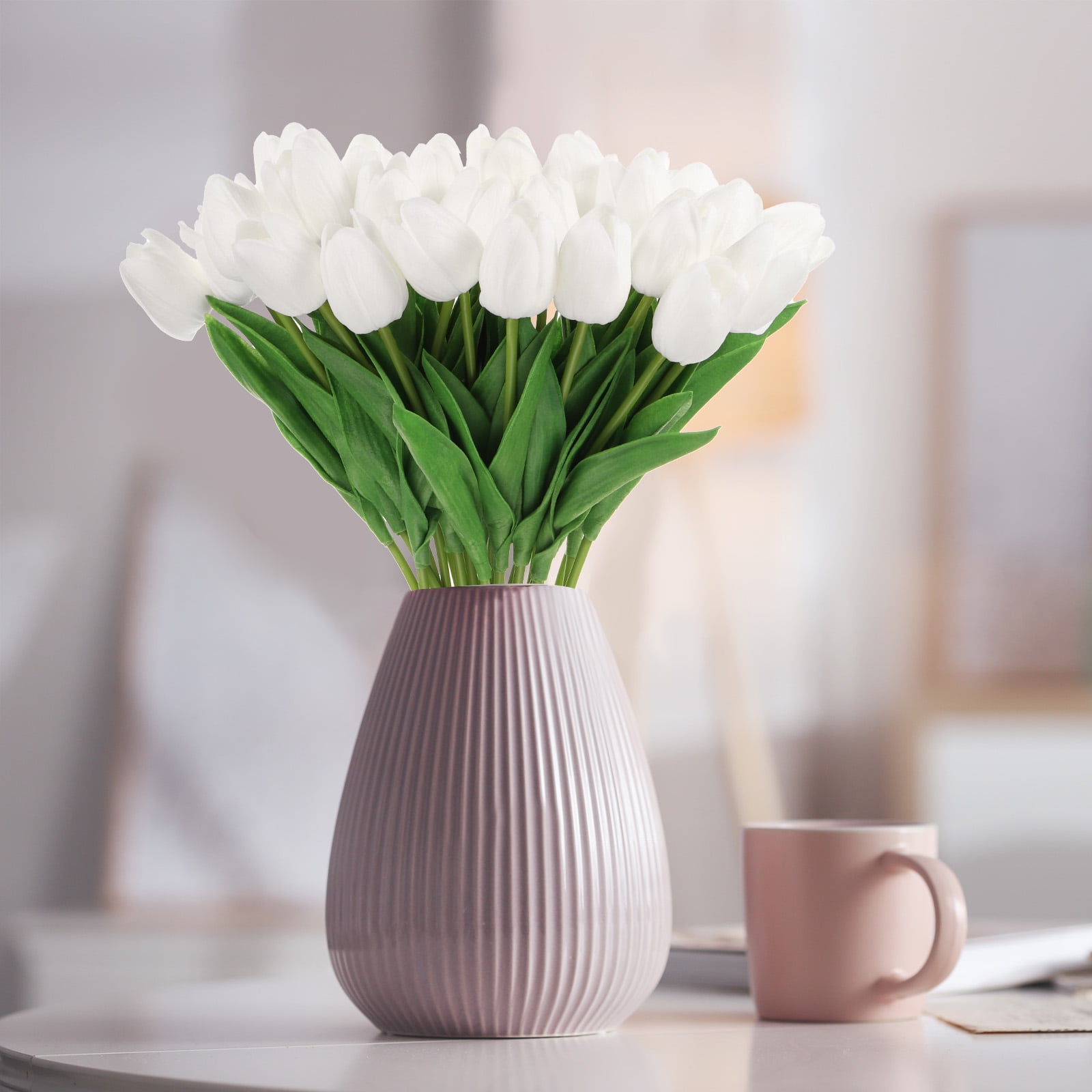 Unique Bargains Fake Tulips Flowers PU Artificial Tulips Real Touch with Stems 24Pcs White