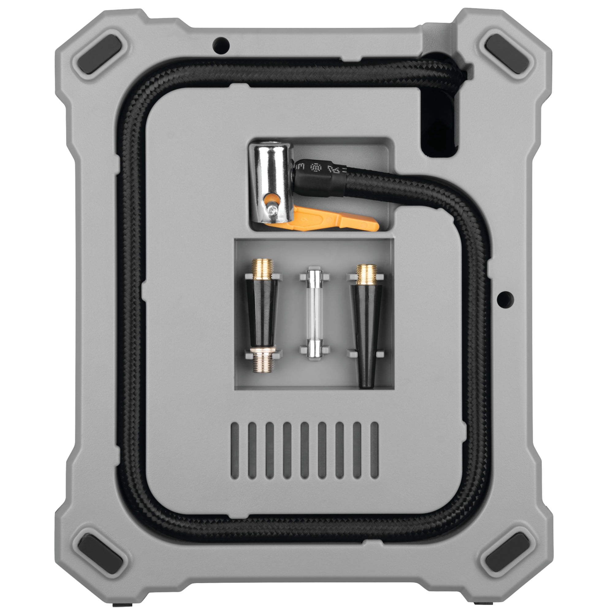 Performance Tool Vortex W7903 12V Raft & Tire Inflator, Lever-Locking Air Chuck, Long Power Cord, Three Nozzles, Gray