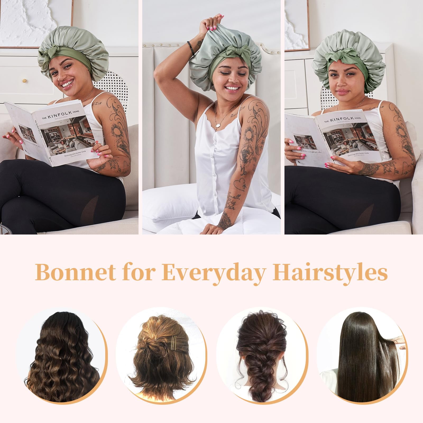 Silk Bonnet for Sleeping Women, Satin Hair Bonnet for Sleeping for Wavy Curly Natural Hair Women Men, Green