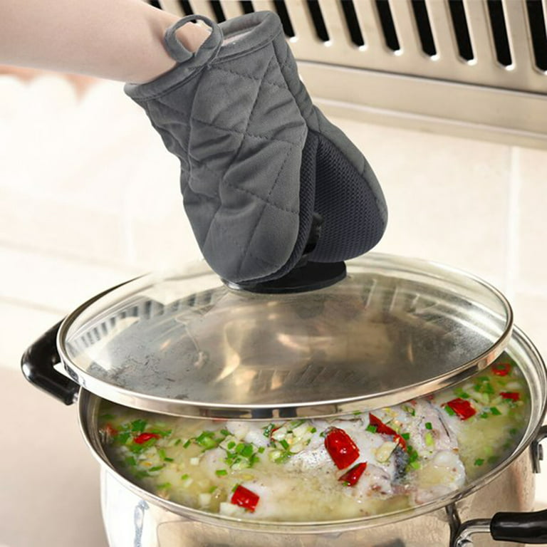 1 Pair Short Oven Mitts, Heat Resistant Silicone Kitchen Mini Oven Mitts  for 500 Degrees, Non-Slip Grip Surfaces and Hanging Loop Gloves, Baking