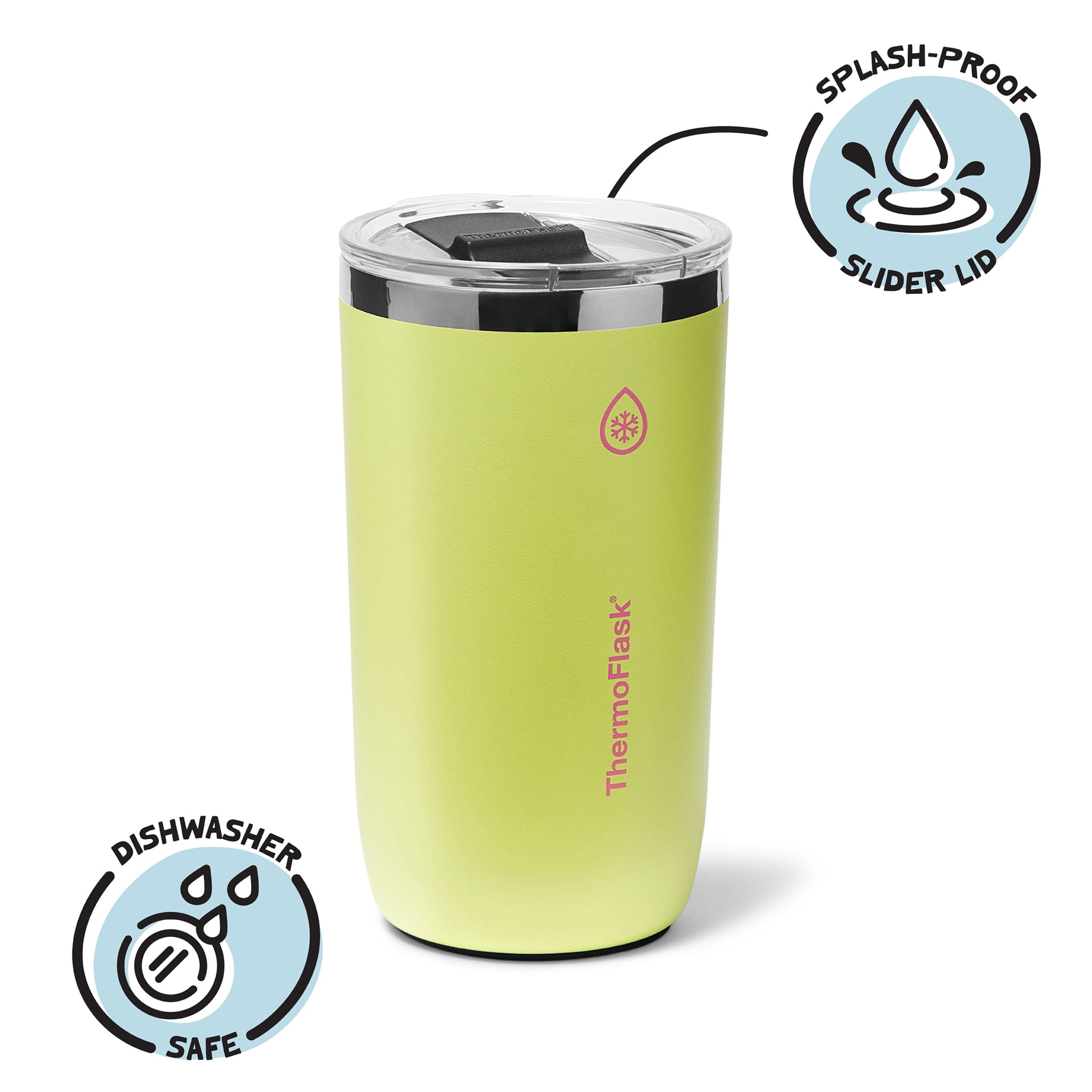 ThermoFlask Drinkware 16 oz Beer Tumbler - Double-Wall Insulated for Cold & Hot Drinks - Lightweight & Simple Cup with Innovative Press In Slider Lid - Modern & Durable -Unmellow Yellow