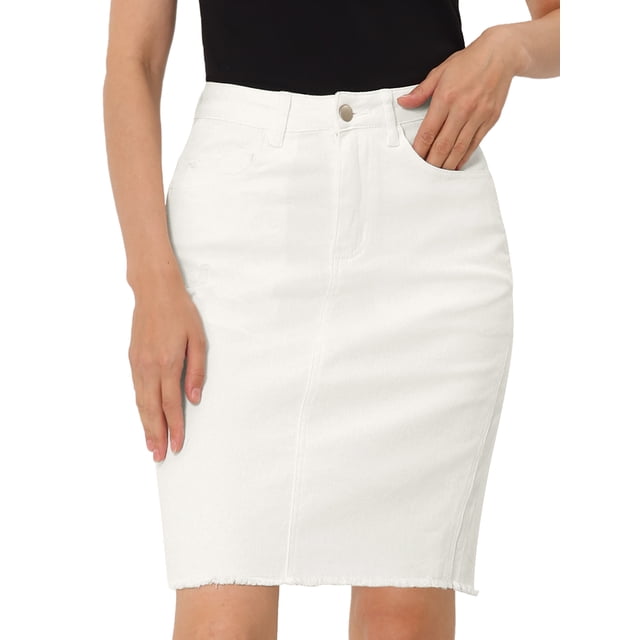 Falda Vaquera Midi Básica Desgastada de Cintura Alta Allegra K Blanco Talla XL
