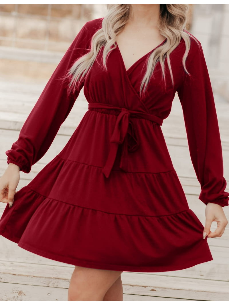 HA-EMORE Women's Wrap Fit and Flare Dress Lantern Sleeve Layered Mini Dress  Royal Blue Large - Walmart.com