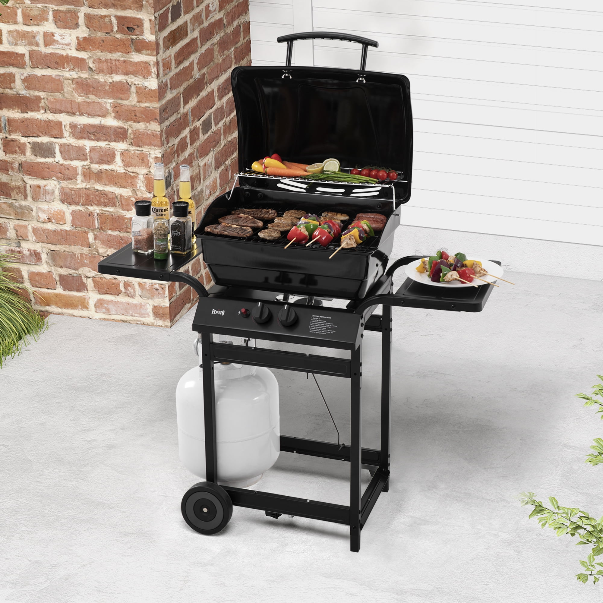 FEASTO 2-Burner Propane Grill - 26,500 BTU Compact BBQ with Side Shelves, Ideal for Balcony, Small Patio & Tailgating