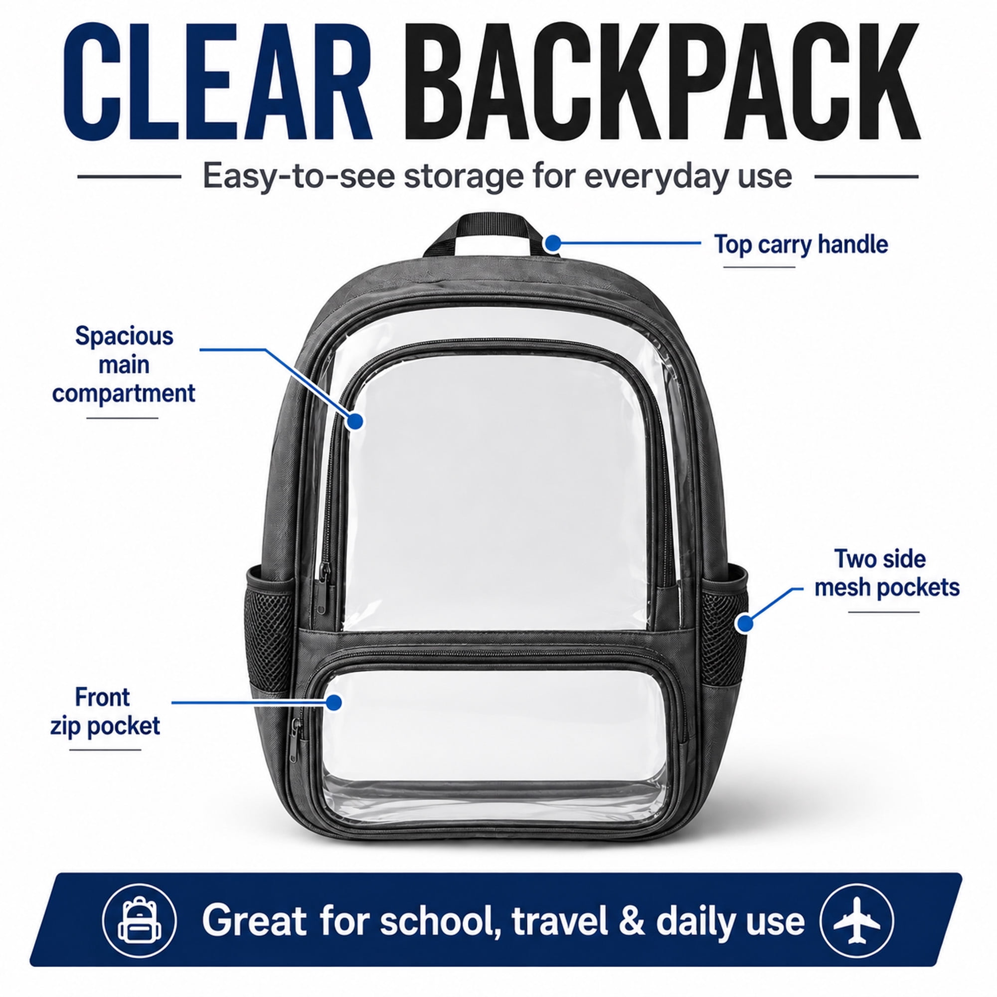 Large Clear Backpack with Dual Front Pockets, Padded Adjustable Straps and Side Mesh Pockets for School, Work & Travel