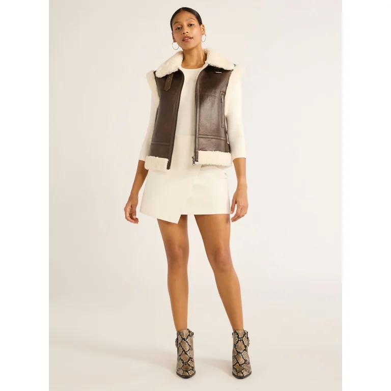 Scoop Women's Faux Suede Zip Vest with Faux Shearling Lining Scoop Women's Faux Suede Zip Vest with Faux Shearling Lining