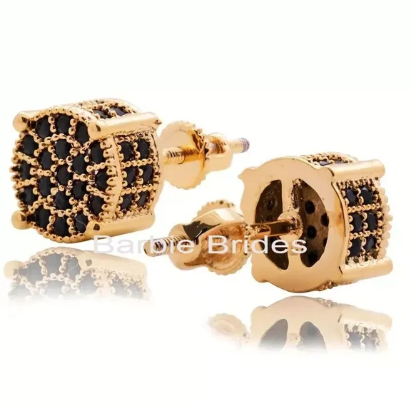Micro Pave 18K Gold Plated Black Cubic Zirconia Men Women Cluster Stud Earrings