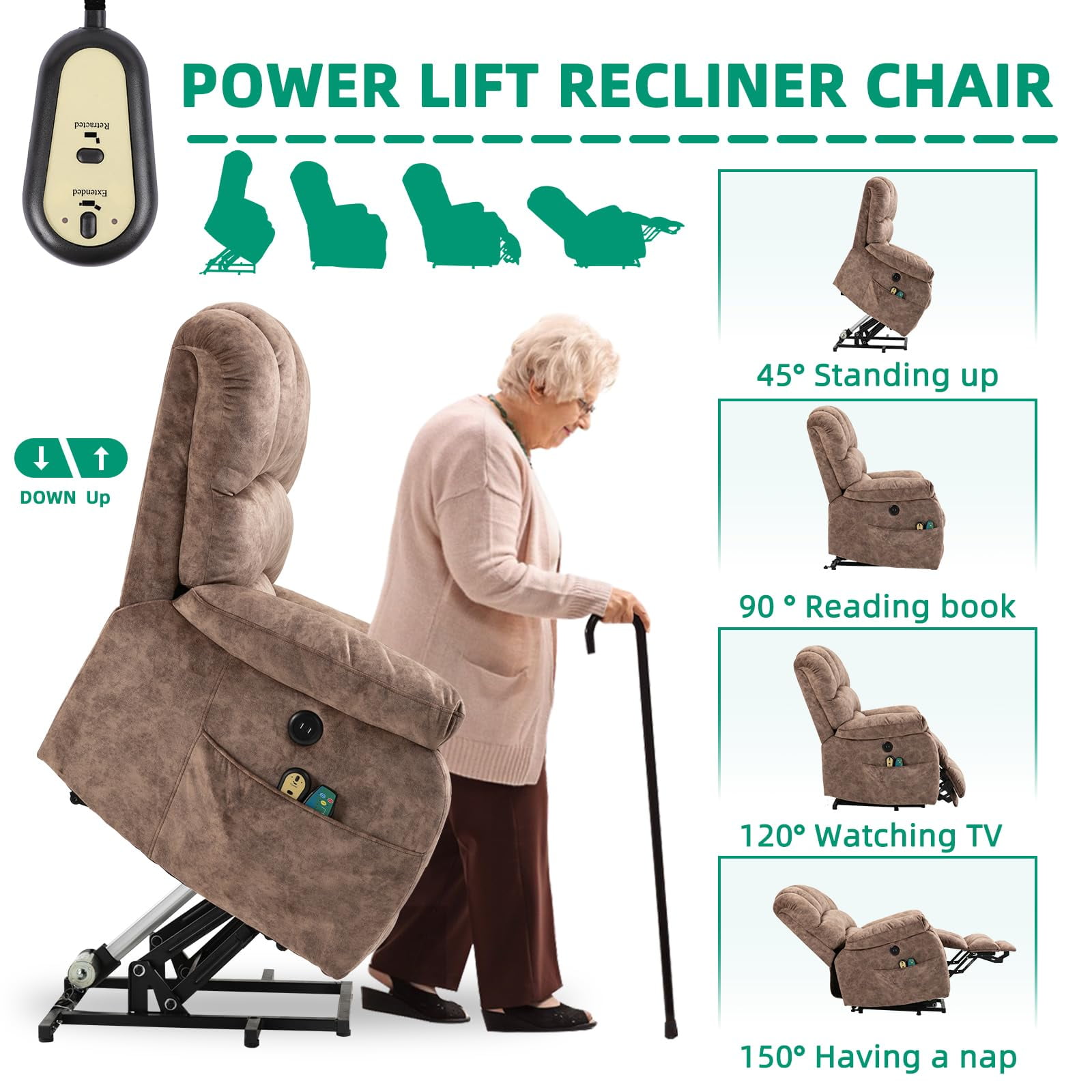 VIVIJASON Large Power Lift Recliner Chair with Heat & Massage for Elderly Big People, Overstuffed Wide Electric Lift Chair with Extended Footrest, 2 Remote Controls, Side Pockets & USB Ports, Brown