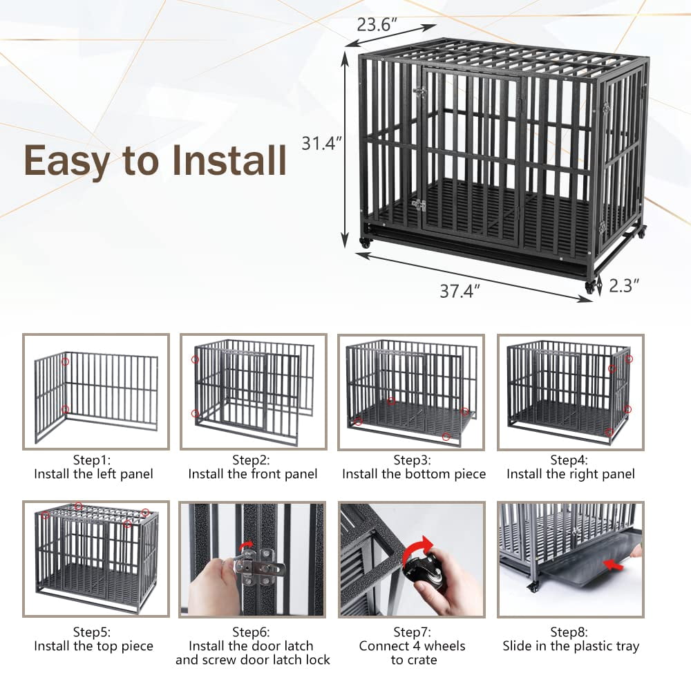 SMONTER Heavy Duty Dog Crate-42 inch Large Metal Dog Cage with 2 Doors and 4 Wheels, Stackable Dog Kennel for Large & Medium Dogs, Removable Tray