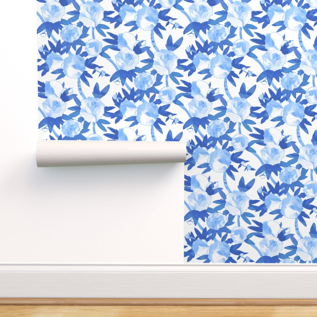 Removable Wallpaper 3ft x 2ft - Chinoiserie Peonies Blue White Pagoda Pink  Preppy Watercolor Floral Flowers Garden Spring Abstract Custom Pre-pasted  Wallpaper by Spoonflower 