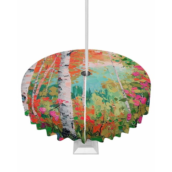 Hokiten Outdoor Tablecloths with Umbrella Hole & Zipper, Oil Painting Round Tablecloth 54 Inch, Modern Abstract Art Summer Tree Leaves Green Pink Waterproof Table Cloth, Patio/Pool Table Covers