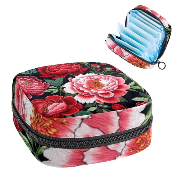 Sanitary Napkin Storage Bag for Girls Women, Portable First Period Pads Bag Tampons Holder Girls Travel Makeup Bag, Large Capacity Embroidery Peonies and Red Roses