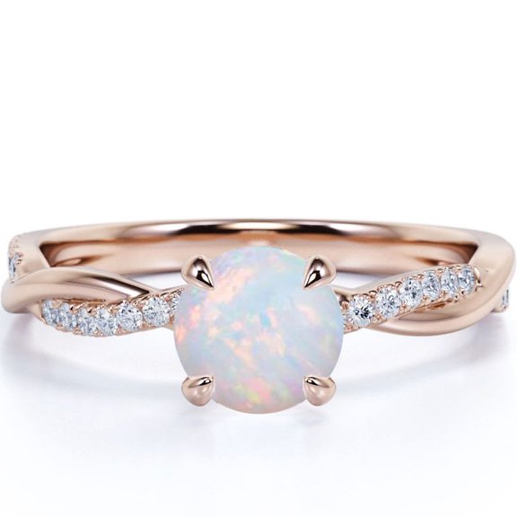 JeenMata 1 ct Genuine Round Rainbow Opal and Moissanite Twist Engagement Ring in 18K Rose Gold over Silver