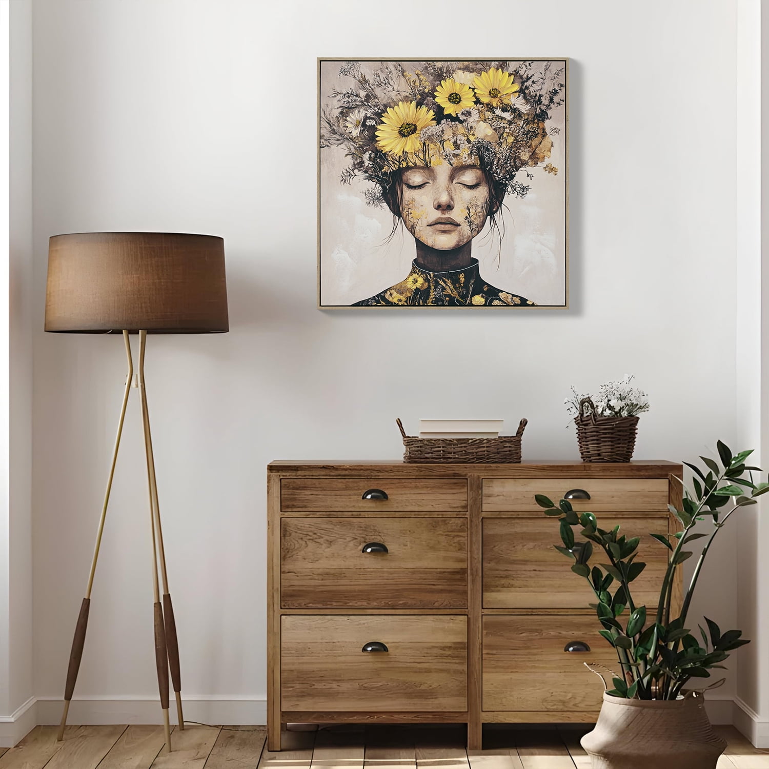 MOONMISS 24x24 Beauty Lady Gold White Floral Canvas Print Modern Wall Art Living Room Bedroom Decor