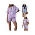 thumbnail image 3 of Aojekbee Women Shorts Set, Striped Short Sleeve Tie-up Shirt with Elastic Waist Shorts Summer Outfit, 3 of 7