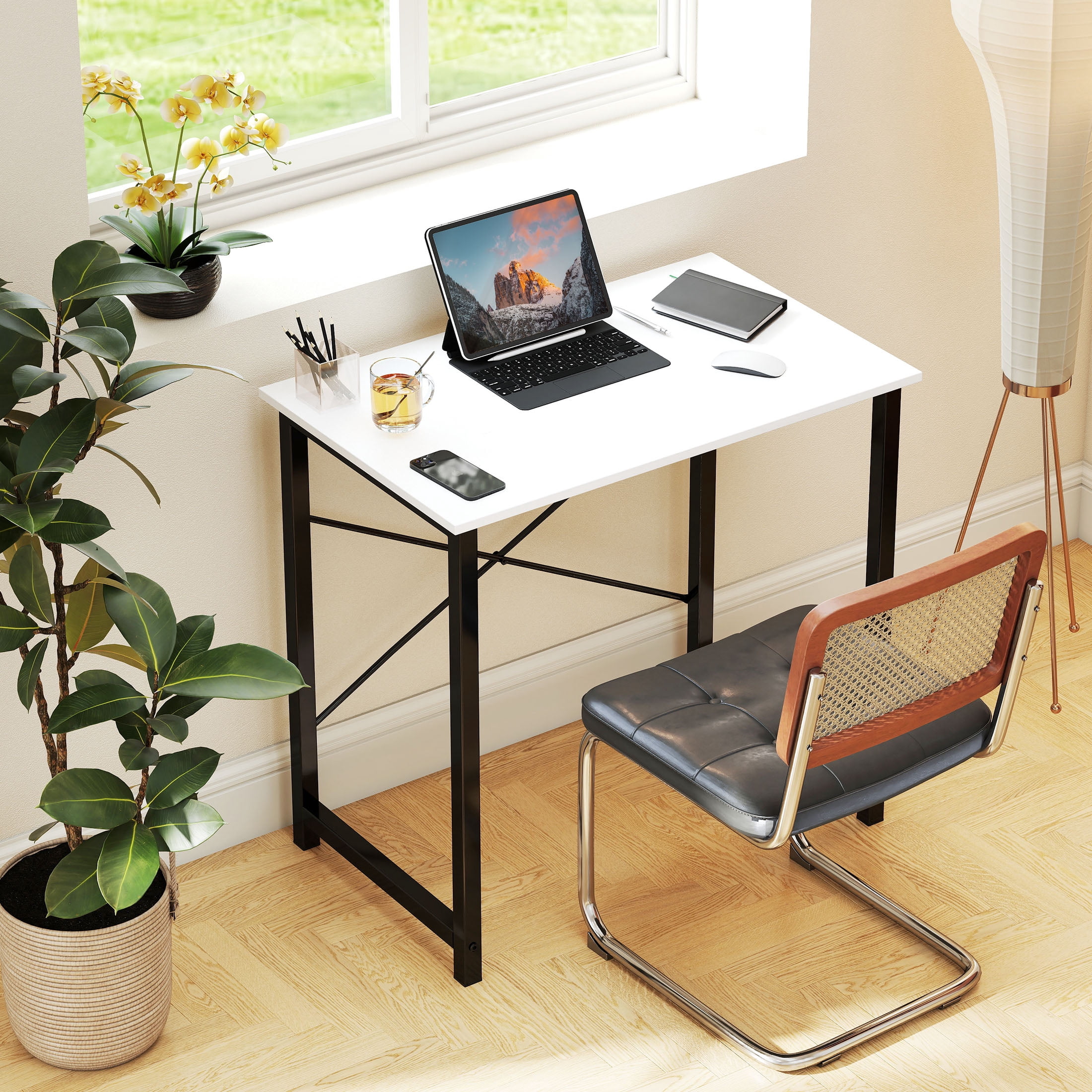 CONCETTA Computer Desk 31 Inch, Simple Farmhouse Table With Storage Bag & Headphone Hooks, White