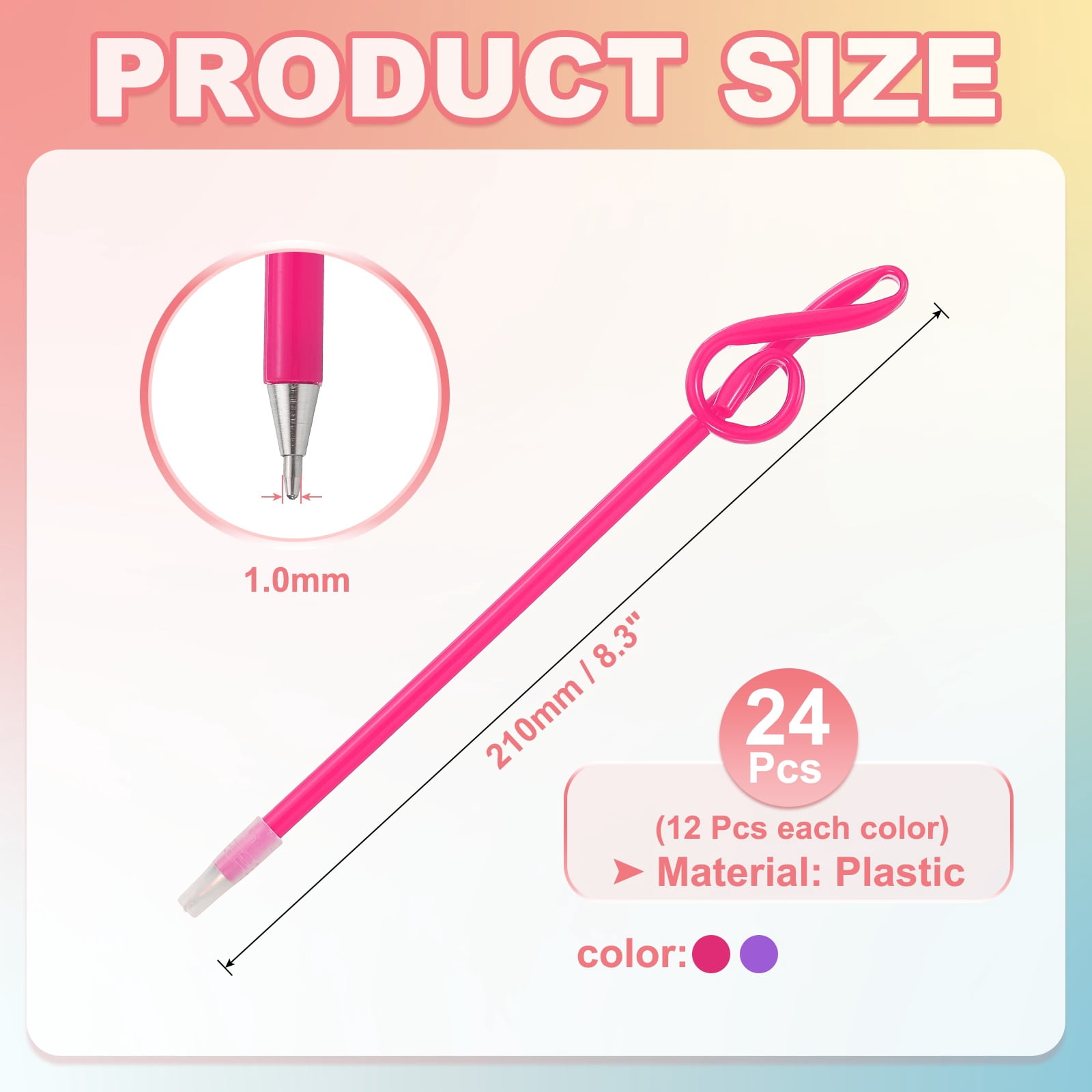 24pcs Rollerball Pens 1.0mm, Musical Note Ball Point Pens Black Liquid Gel Ink Music Novelty Smooth Writing for Home Office Gifts, Purple/Pink