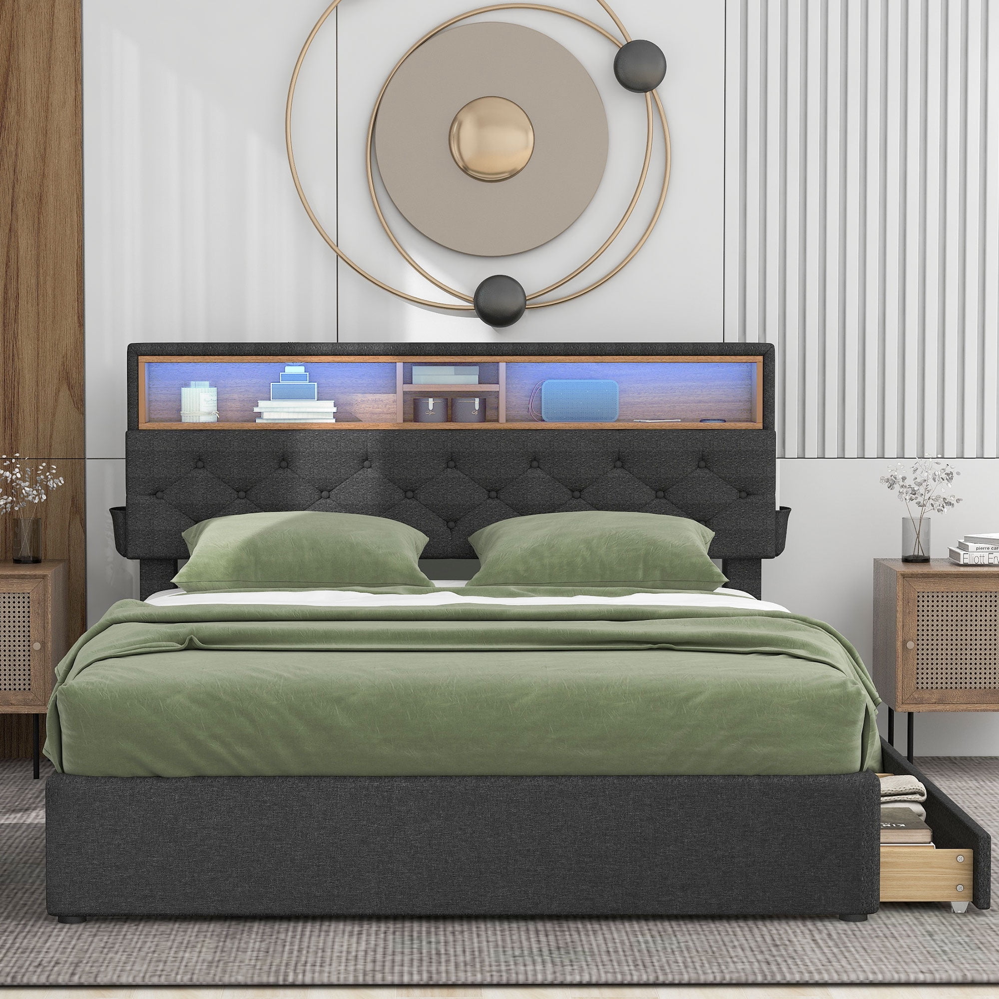 Euroco Adult Queen Modern Platform Bed with Storage Drawers, Gray