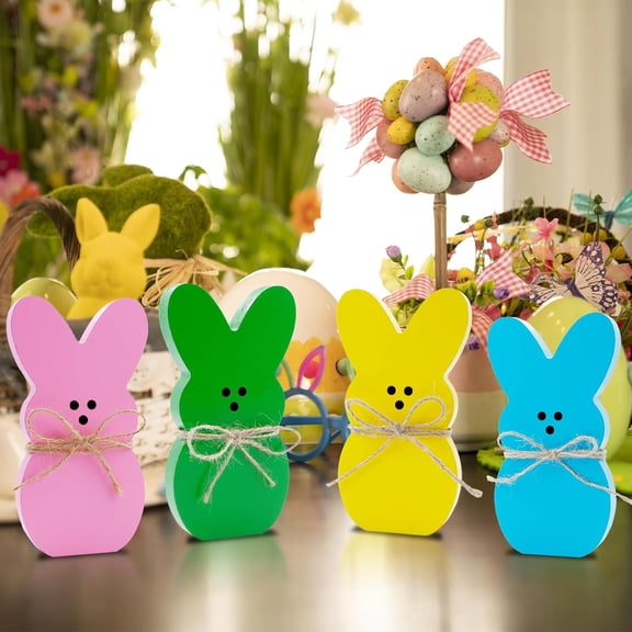 Easter Decorations 4PCS Easter Wooden Bunny Table Decorations Wooden Rabbit Tiered Tray Decor Spring Wood Decor for Home Mantel Home Table Party