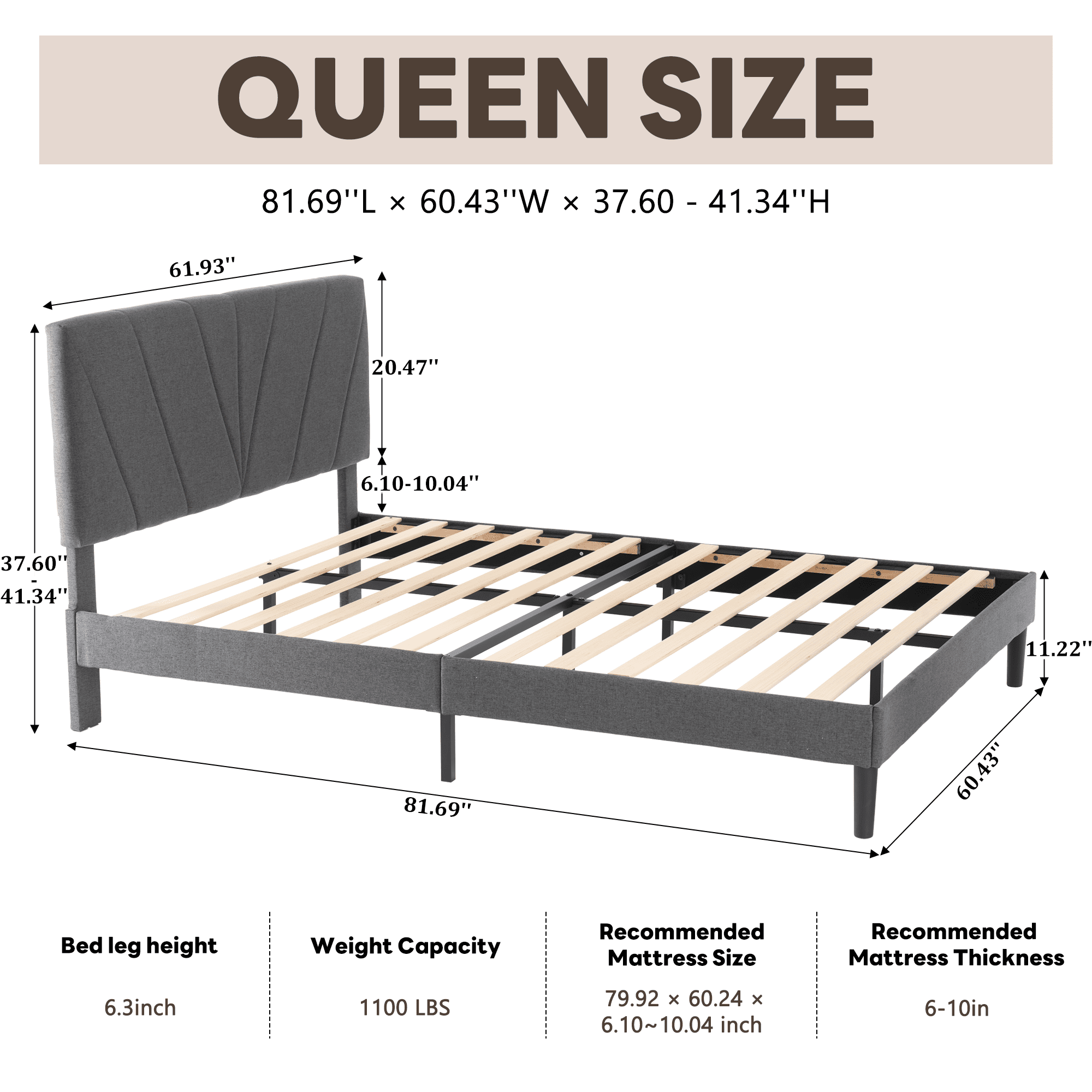 EDX Queen Bed Frame with Upholstered Adjustable Headboard, Heavy Duty Platform, No Box Spring, Grey