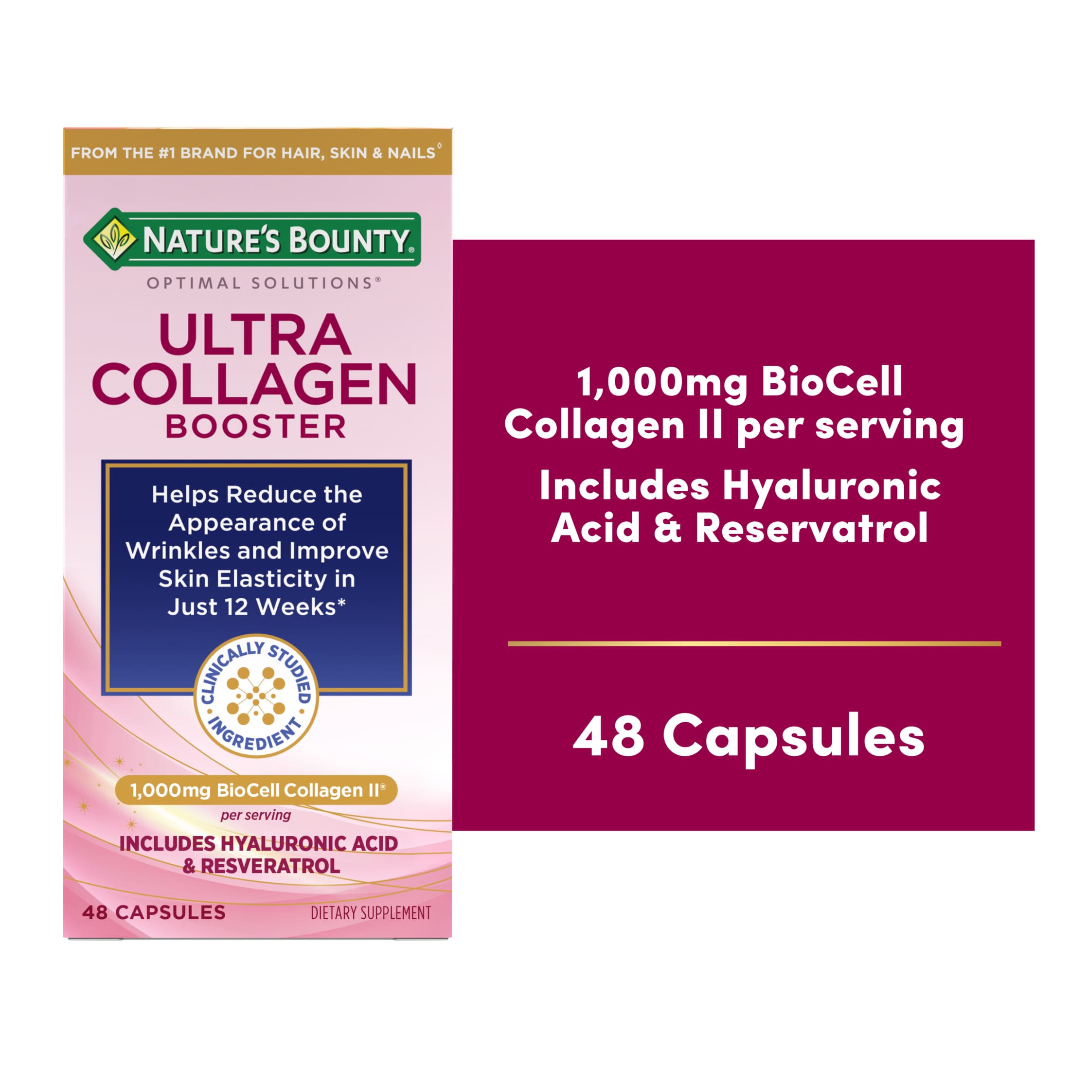 Nature's Bounty Optimal Solutions Ultra Collagen Booster for Healthy-Aging, Skin Health Supplement, 48 Capsules