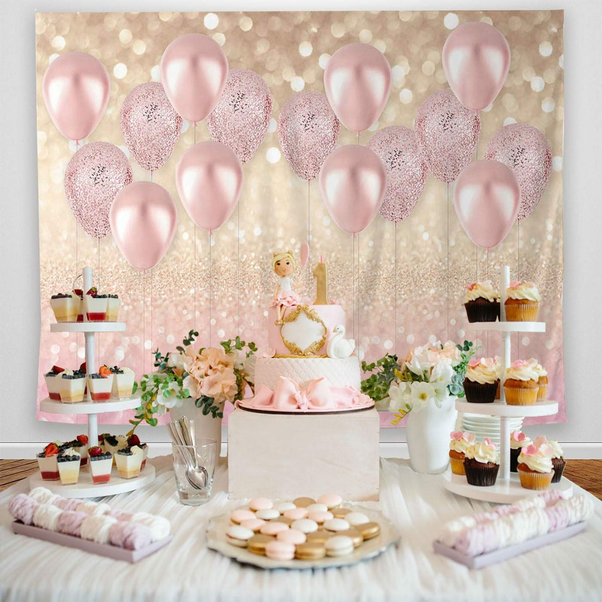 Haoyiyi 7x5ft Party Photography Backdrop Pink Balloon Supplies Rose Gold Decorations Glitter Bokeh Halos Background for Kids Adult Girl Woman Birthday Bridal Shower Portrait Photo Studio Props 