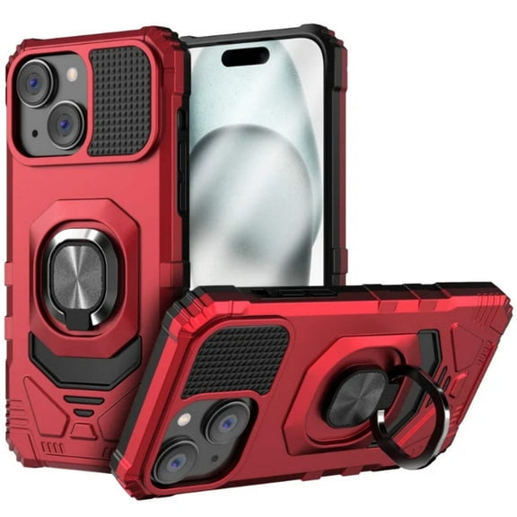 Rome Tech Heavy Duty Armor Case with Kickstand for iPhone 15 Plus, Military Grade Protective Cover, Red
