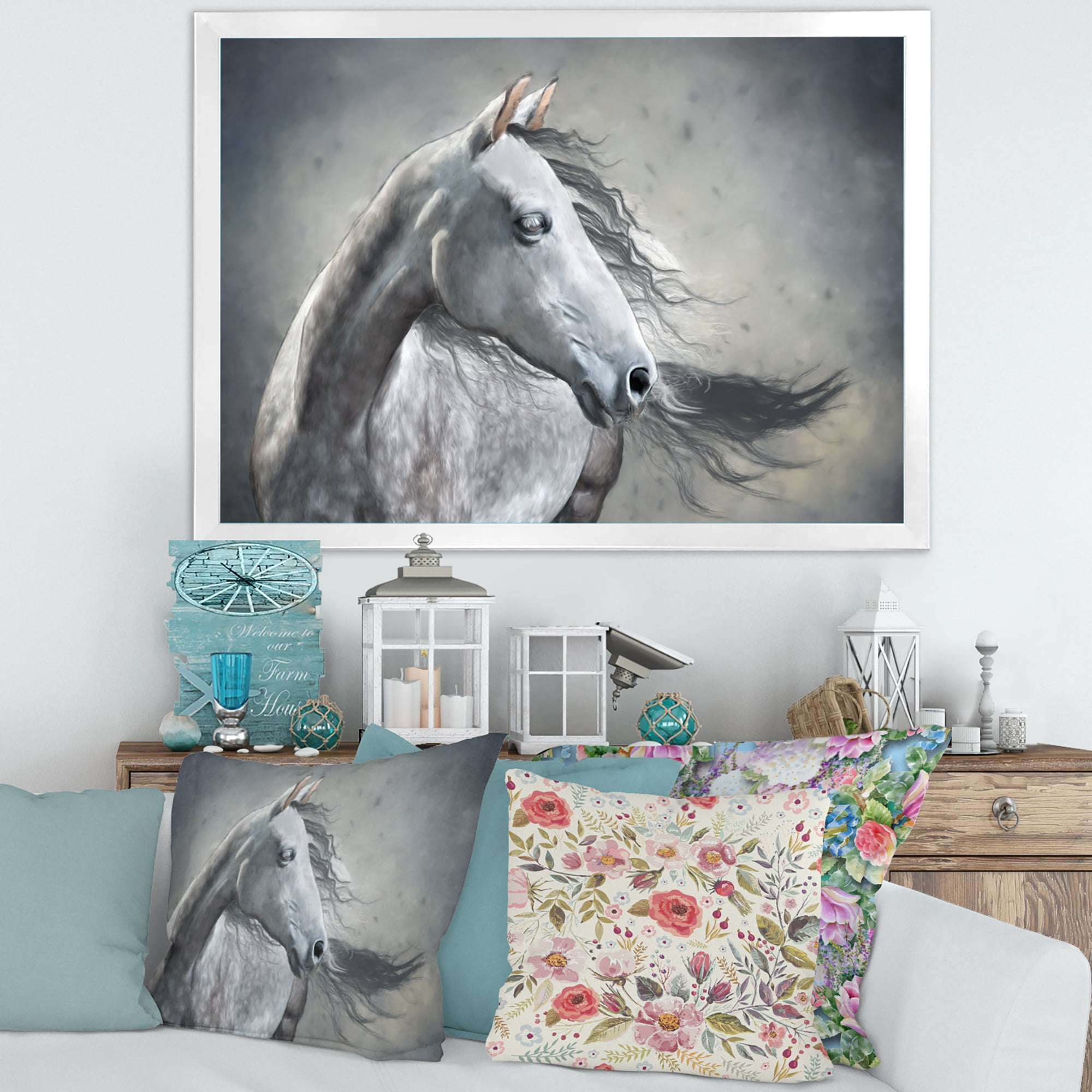 Designart 'Black and White Portrait Of A Wild Horse' Farmhouse Framed Art Print