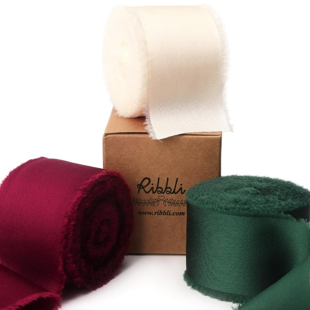 Ribbli Ribbli, satén de seda, color burdeos, verde marfil, 4 cm x 27 m