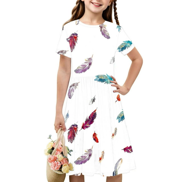 Soldes de Liquidation Aujourd'hui Offres Iumwxz Robe Décontractée Trapèze Robe Tunique pour Adolescentes Robes Col Rond Mignonne à Motif Robe à Manches Courtes pour Filles Robes Ravissantes pour Fête 4-14a