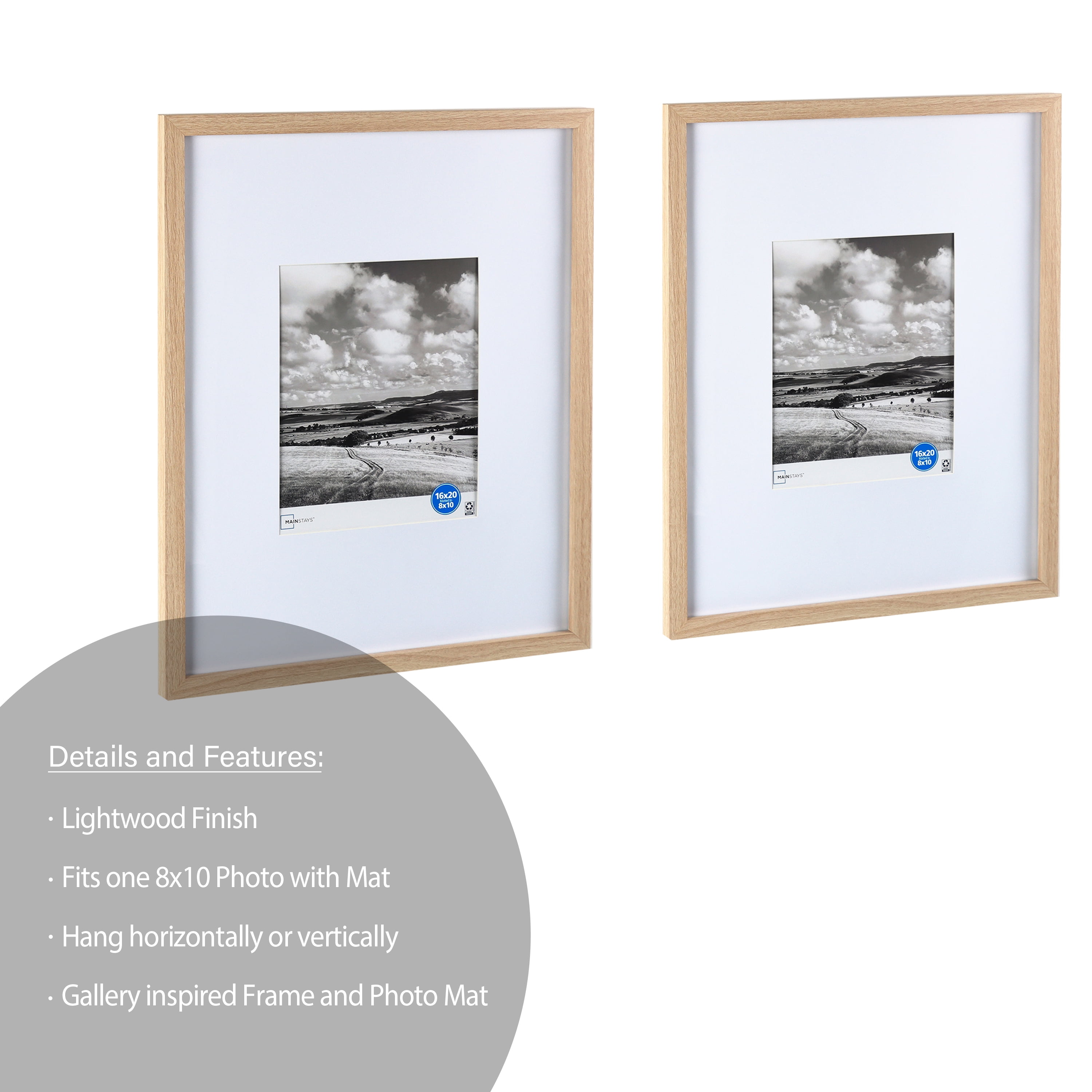(2 pack) Mainstays 16 x 20 Gallery Frame Set, Matted to 8 x 10, 2 Pack, Lightwood