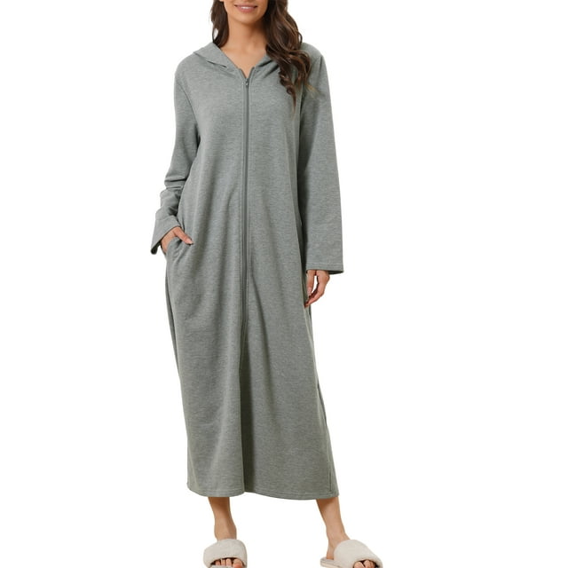 INSPIRE CHIC Bata de Noche con Cremallera para Mujeres, Bata Larga de Casa, Sudadera con Capucha de Manga Larga, Ropa de Estar en Casa con Bolsillos, Gris Profundo-1